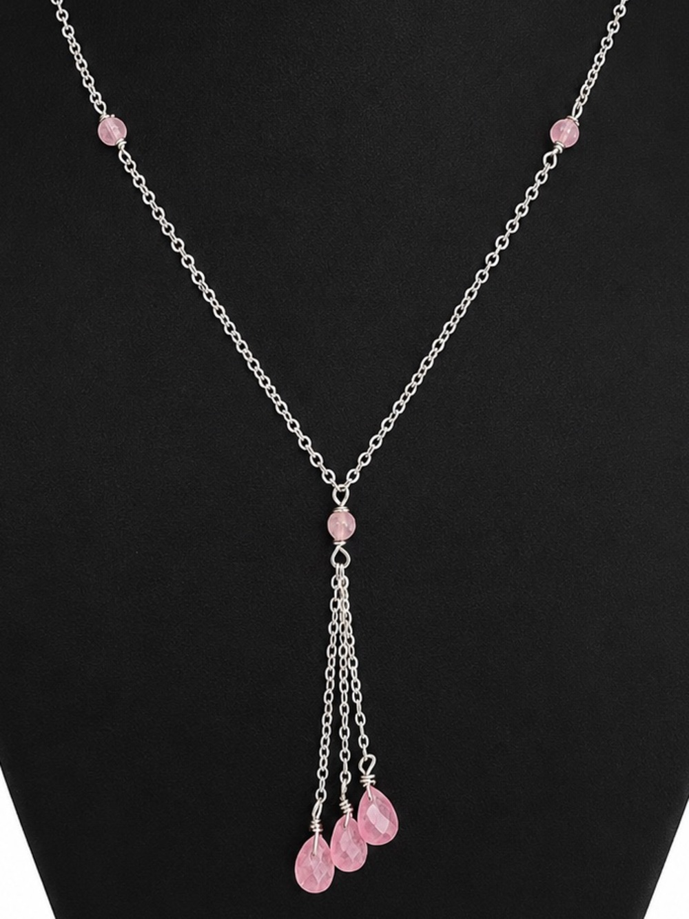 Handmade Sterling Silver 925 Rose Quartz Lariat Y Drop Necklace Pink 16.4”